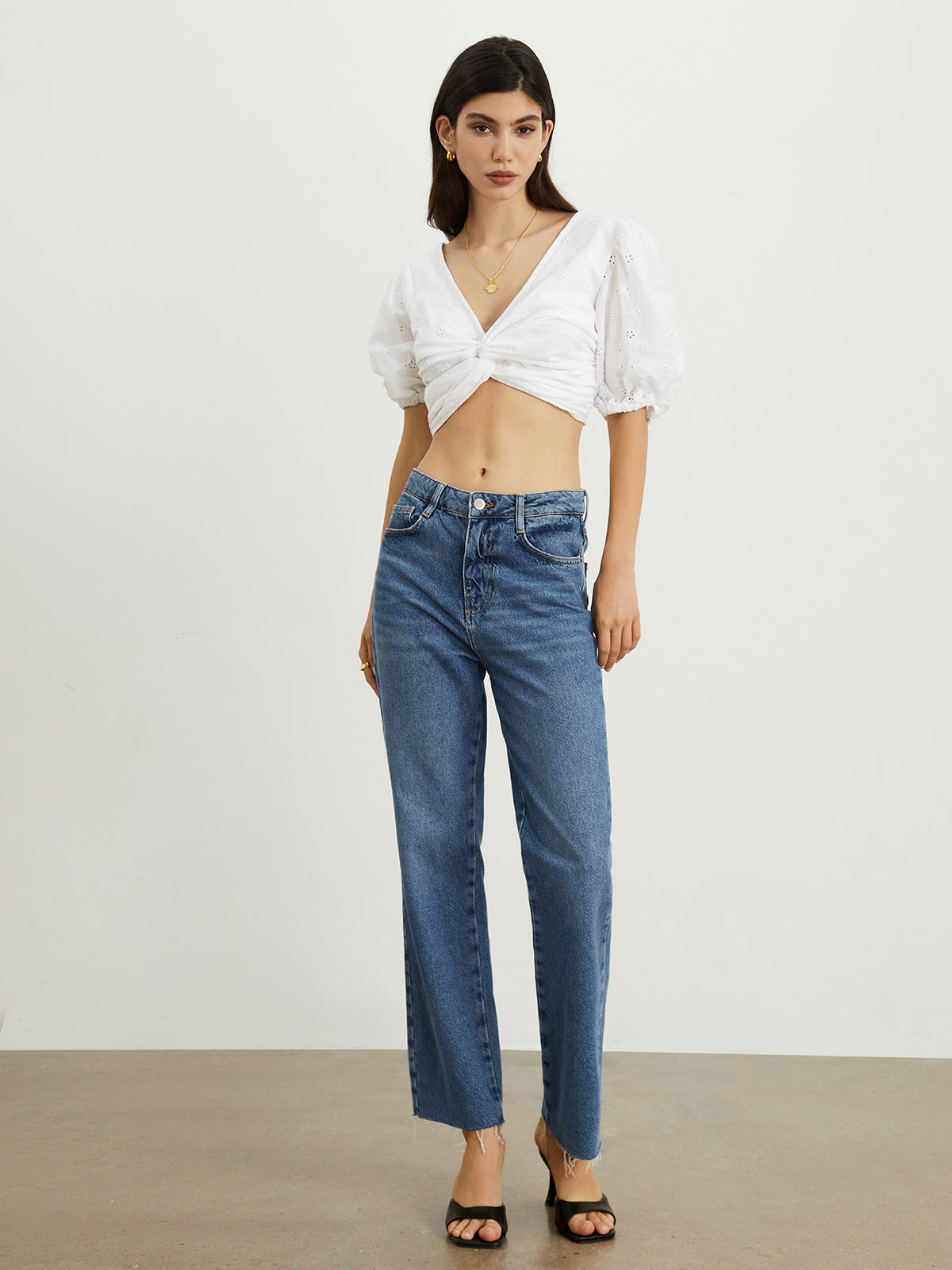 Cloud Eyelet Puff Sleeve Crop Blouse