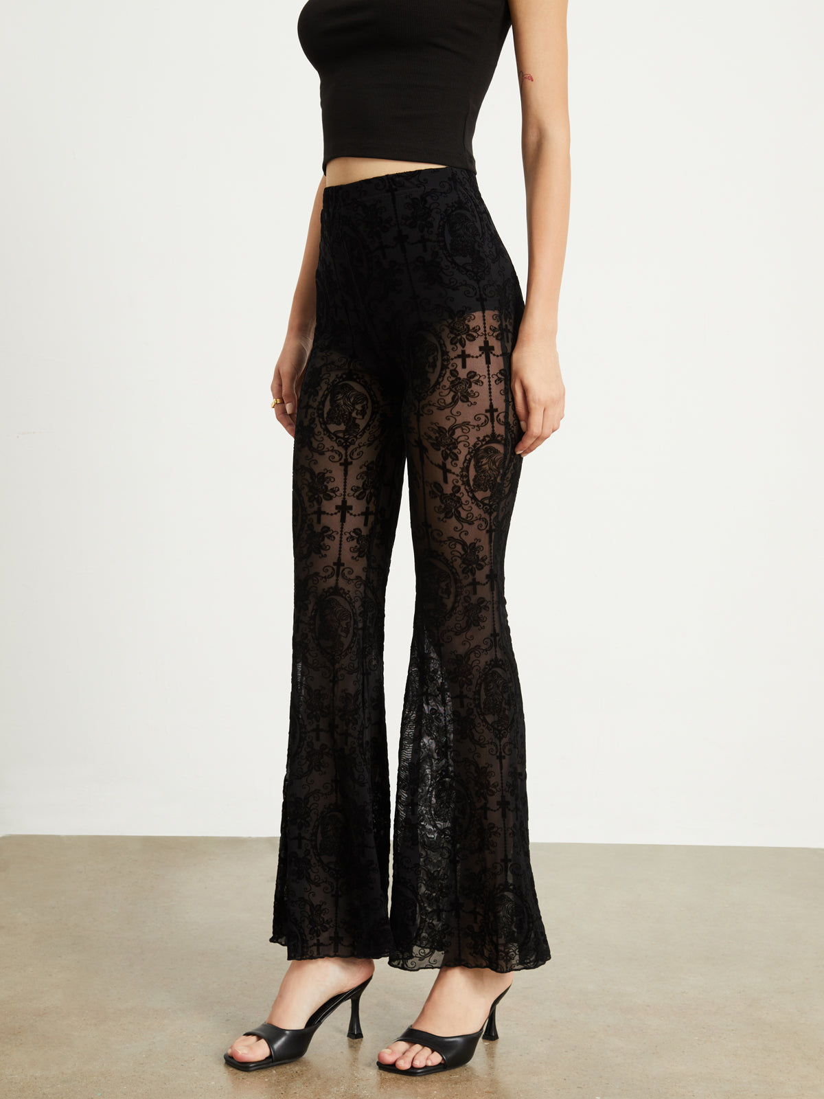 Floral Mesh Velvet Flare Pants