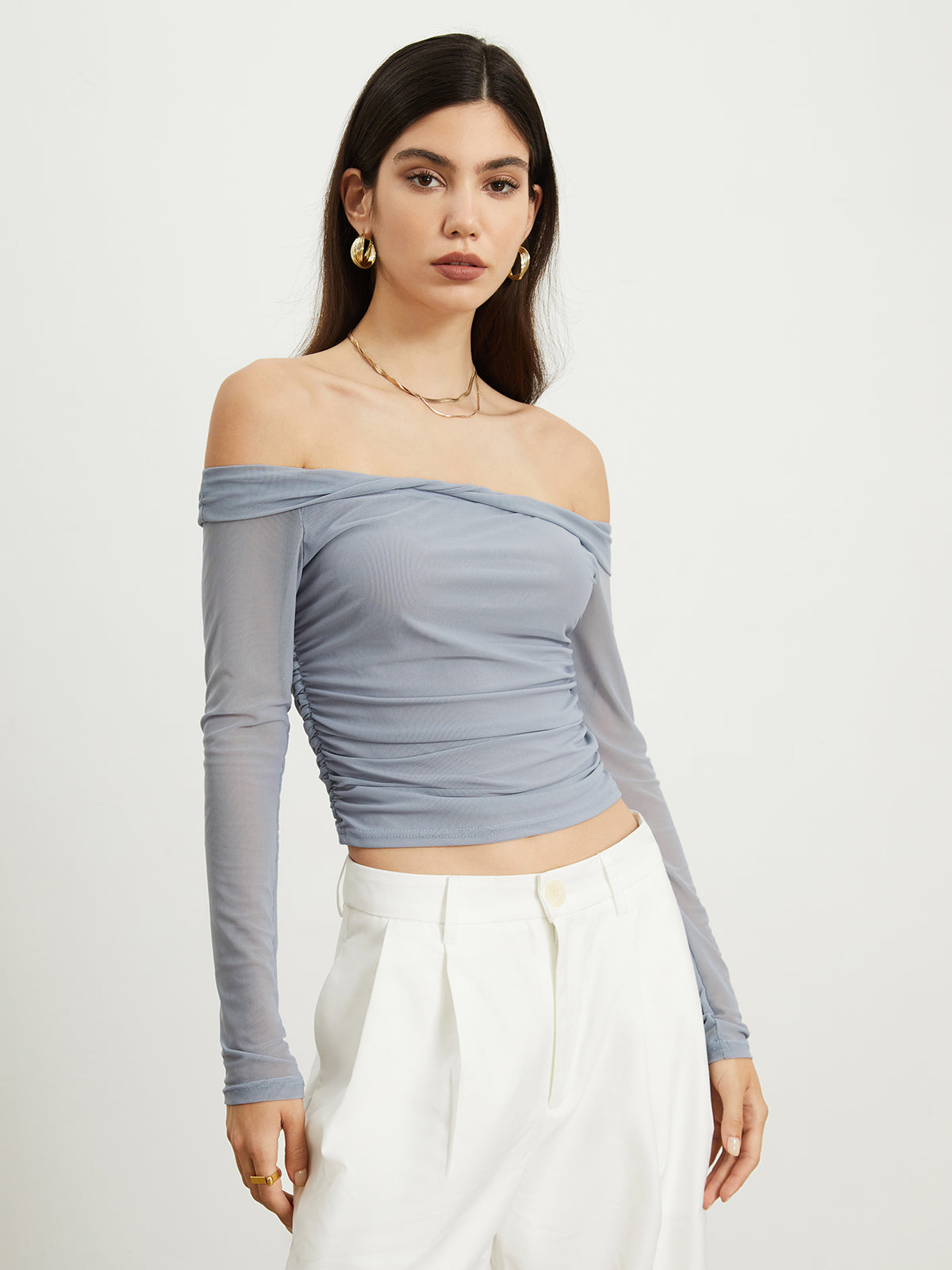 Off-Shoulder Mesh Ruched Crop Top