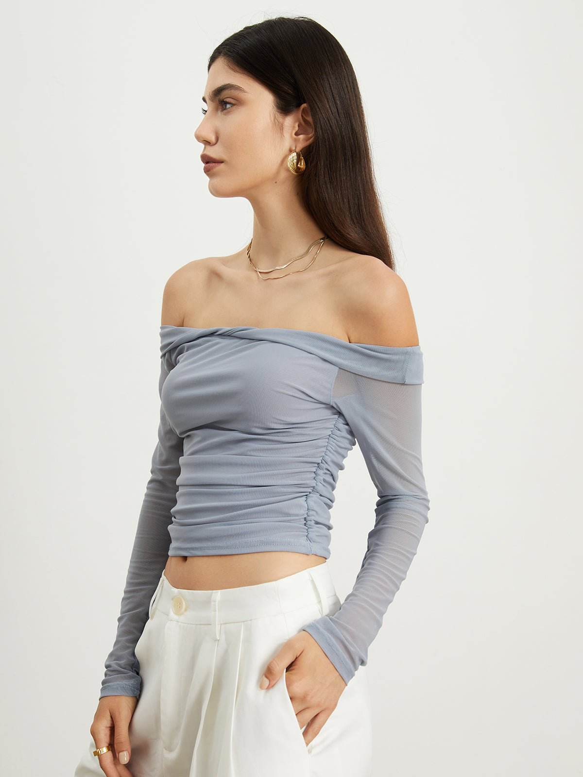 Off-Shoulder Mesh Ruched Crop Top