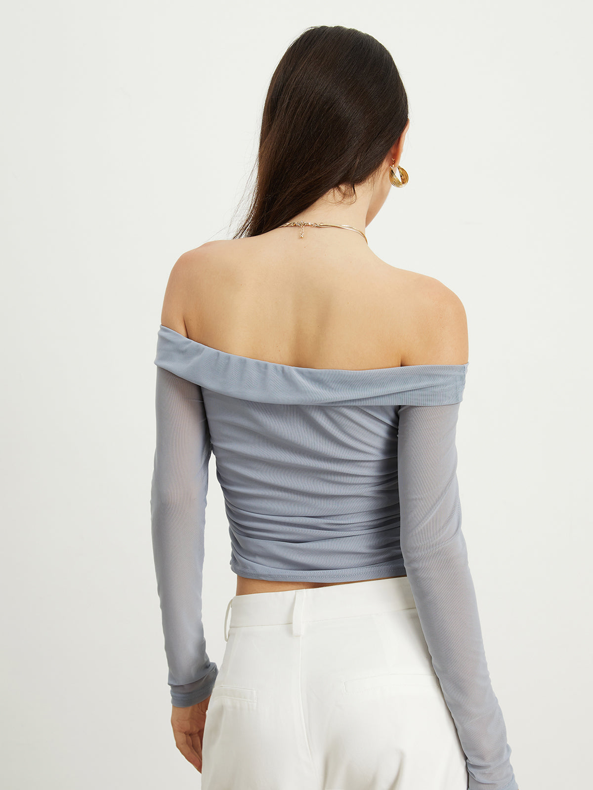 Off-Shoulder Mesh Ruched Crop Top