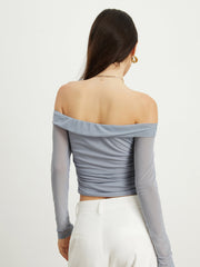 Off-Shoulder Mesh Ruched Crop Top