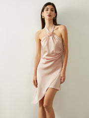 Halter Rosebud Satin Open Back Short Dress