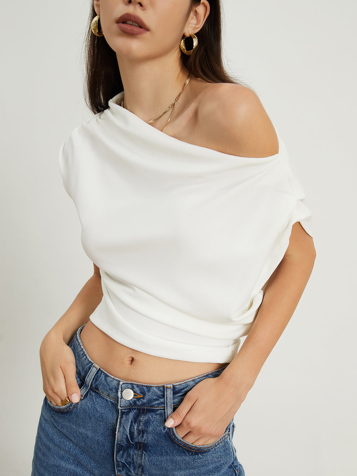 Asymmetrical Sleeve Ruched Top