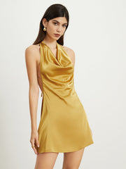 Halter Cowl Neck Open Back Satin Short Dress