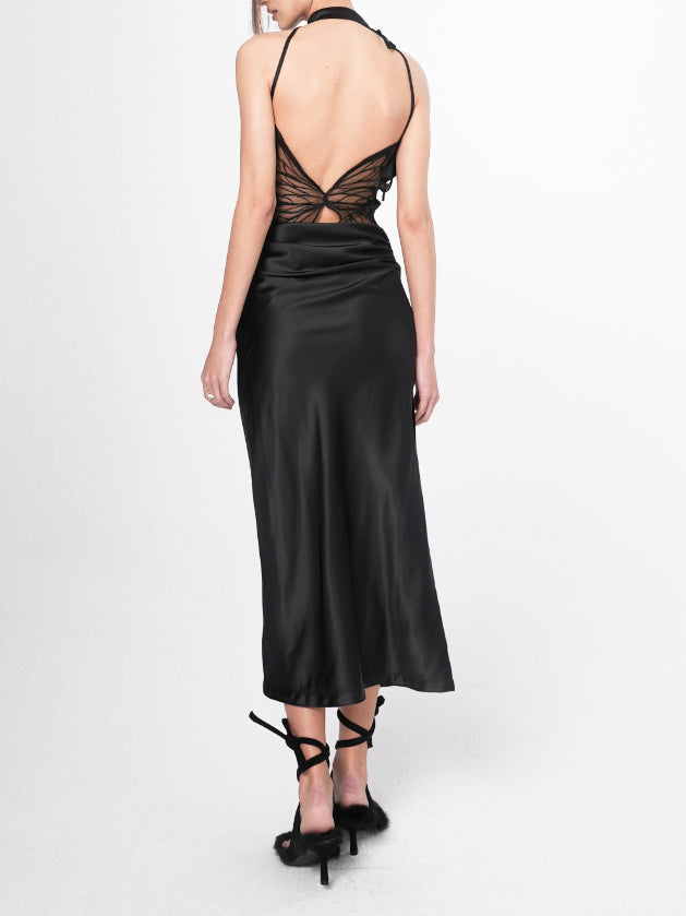 Butterfly Open Back Satin Midi Dress