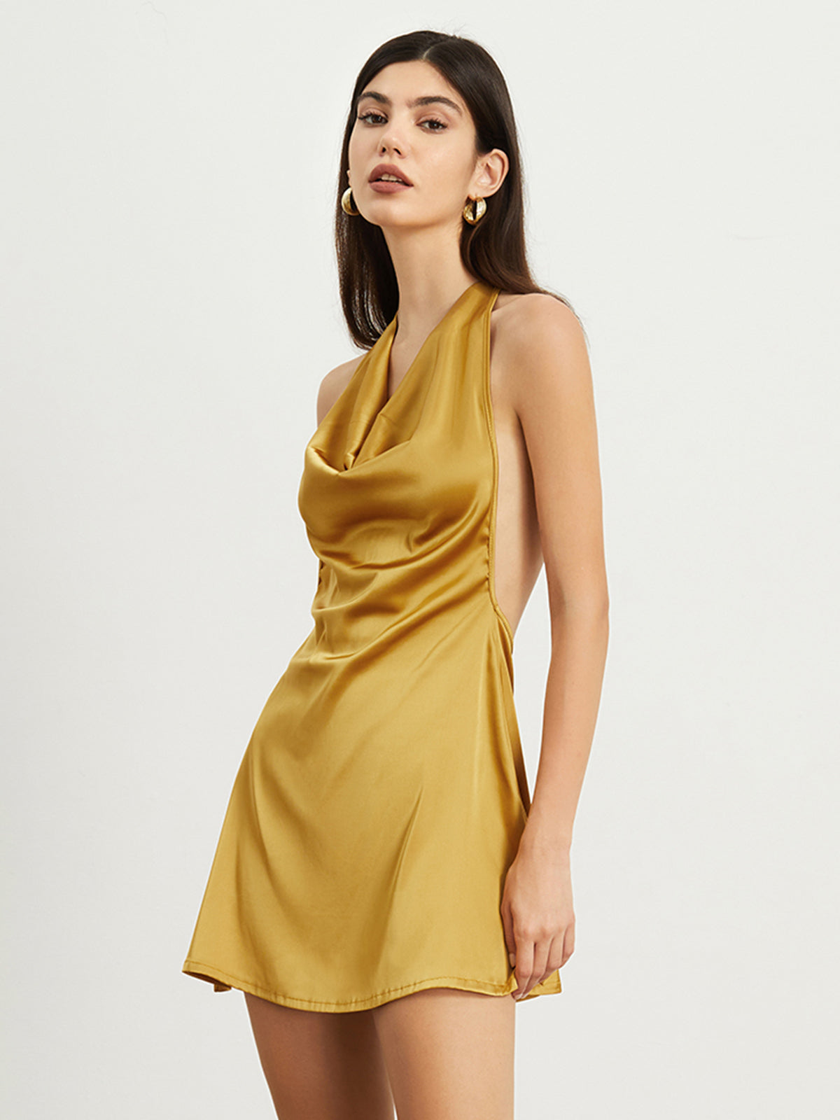 Halter Cowl Neck Open Back Satin Short Dress