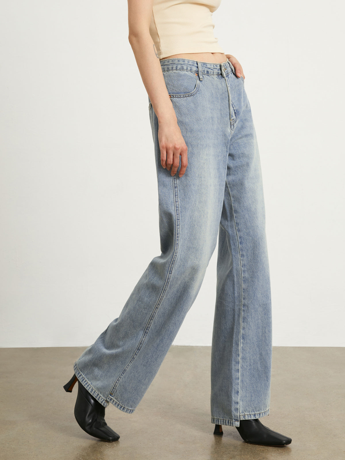 Faded Denim Wide Leg Jeans