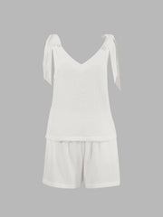 Tied Plisse Cotton Two Piece Shorts Set