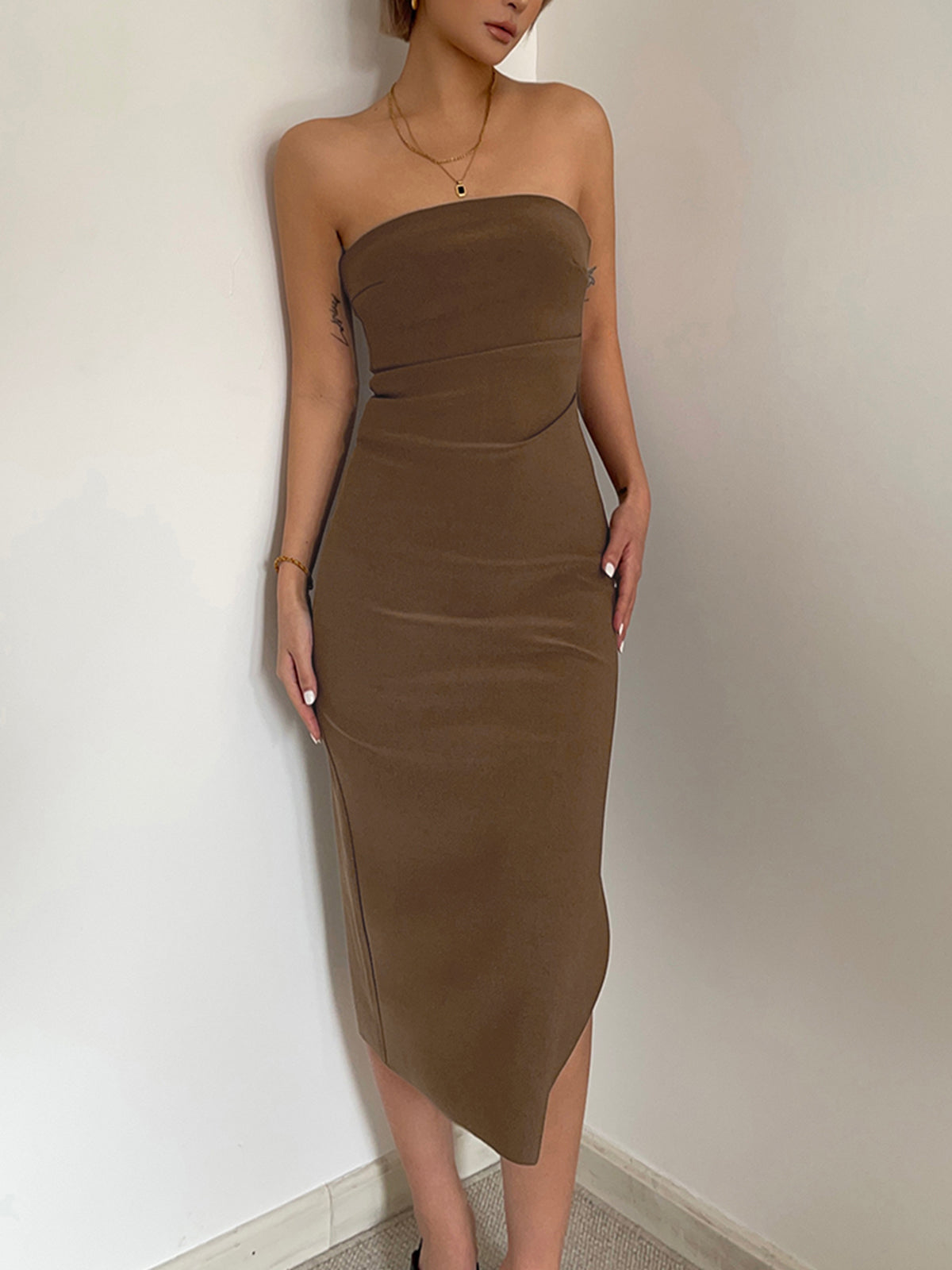 Ruched Slit Strapless Midi Dress