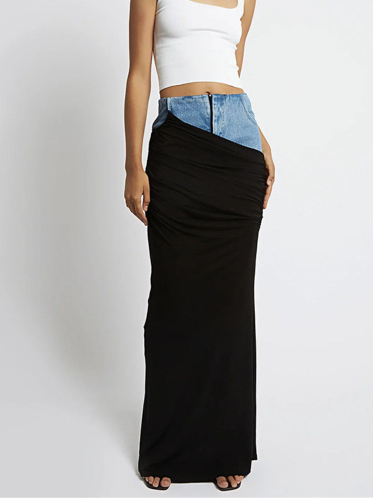 Patchwork Denim Ruched Maxi Skirt