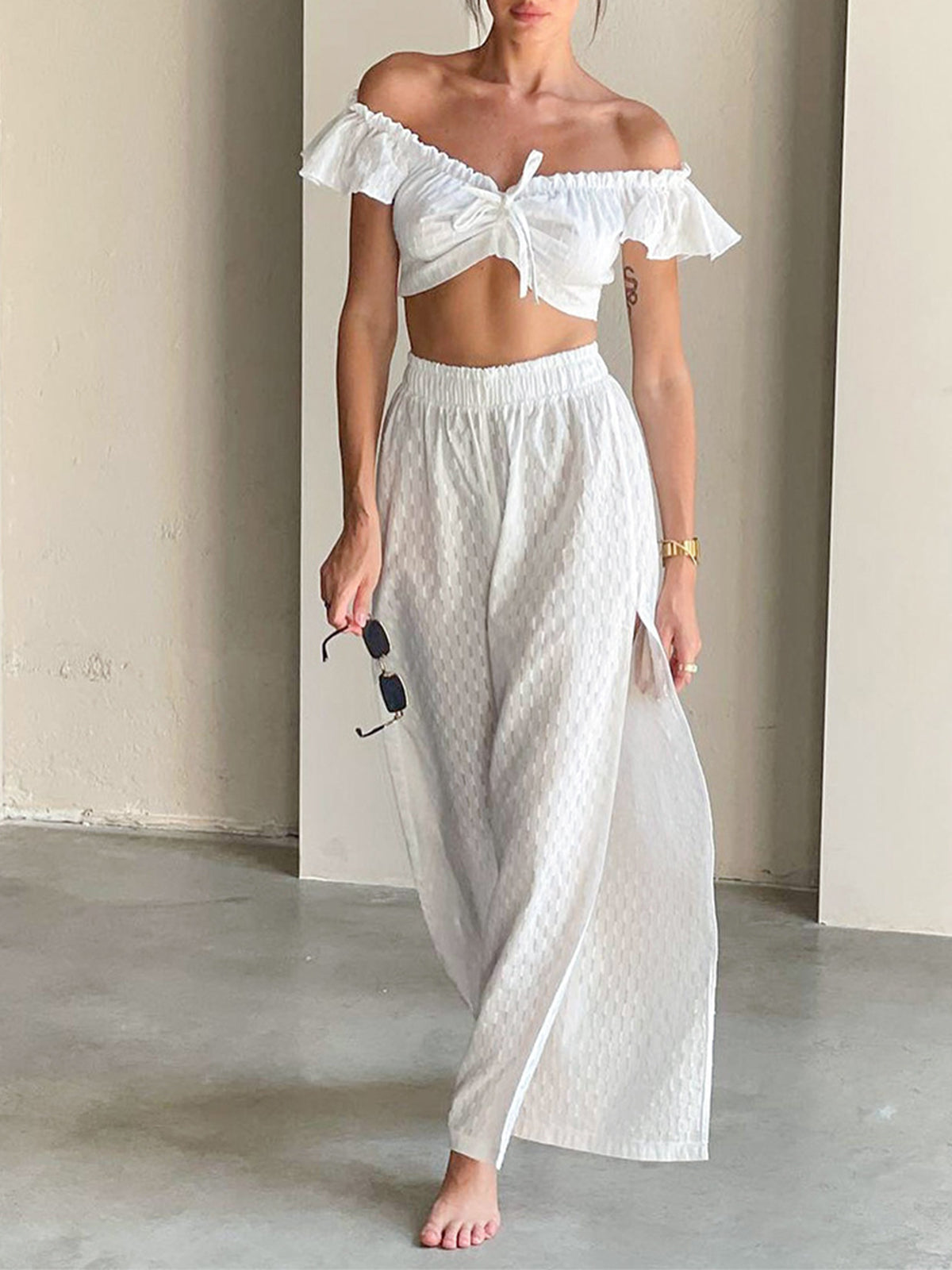 Off Shoulder Textured Two Piece Pants Set