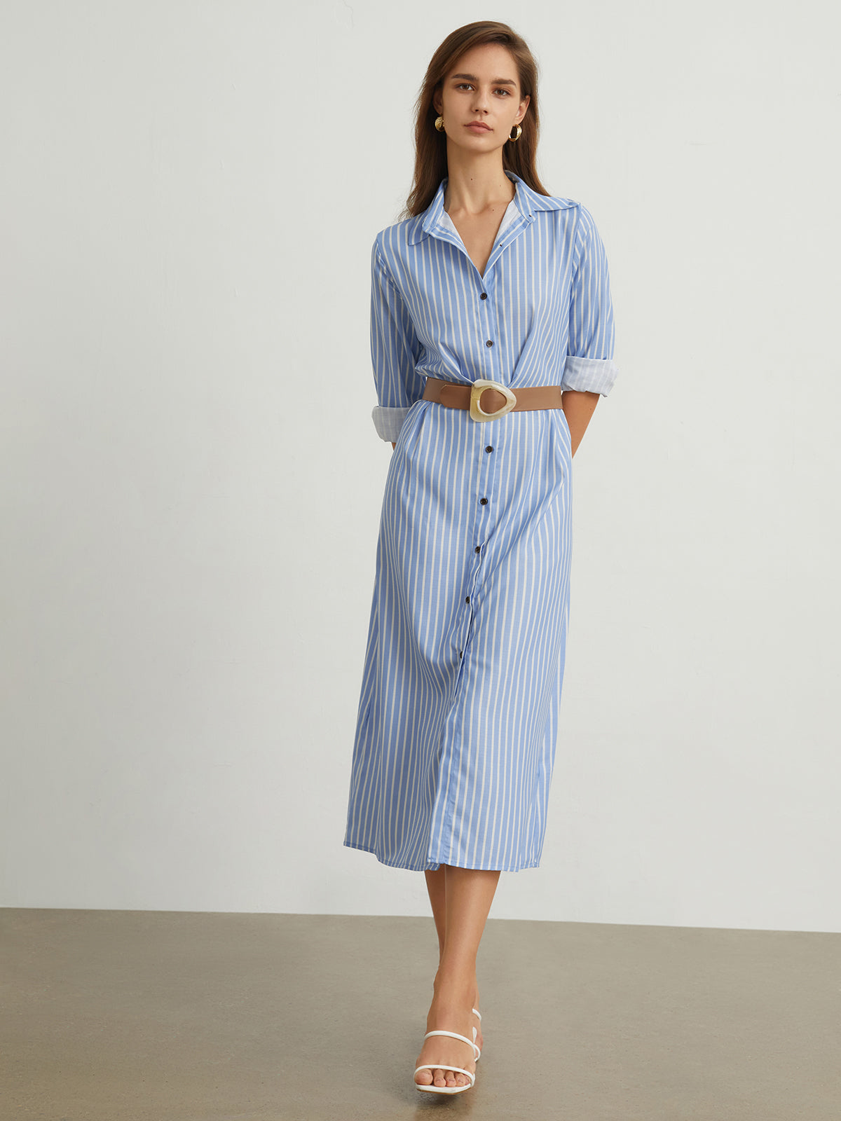 Cotton Pinstripe Button Down Midi Dress