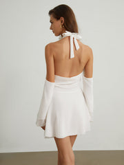 Rosette Cowl Neck Open Back Short Dress