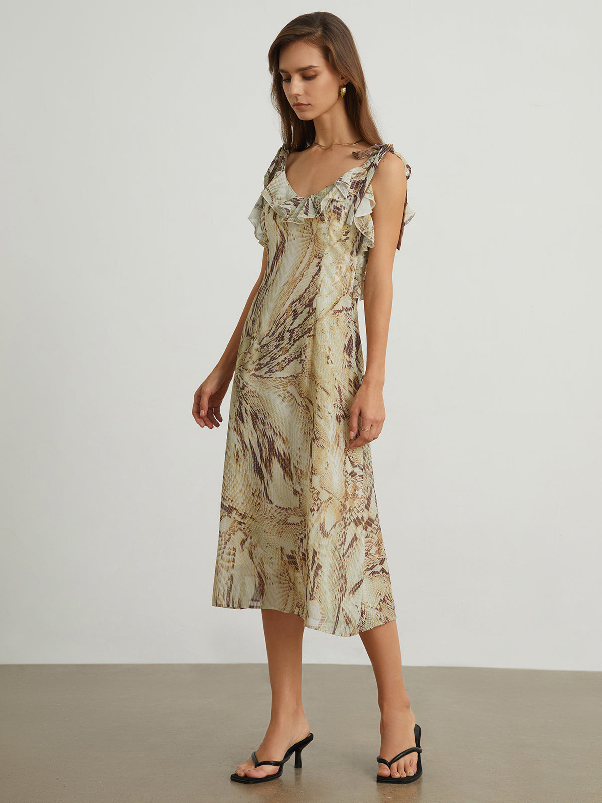 Printed Tied Ruffle Trim Midi Dress