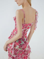 Asymmetrical Strap Floral Ruffle Long Dress