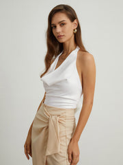 Cowl Neck Back Tied Satin Crop Top