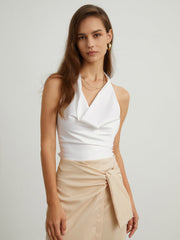 Cowl Neck Back Tied Satin Crop Top