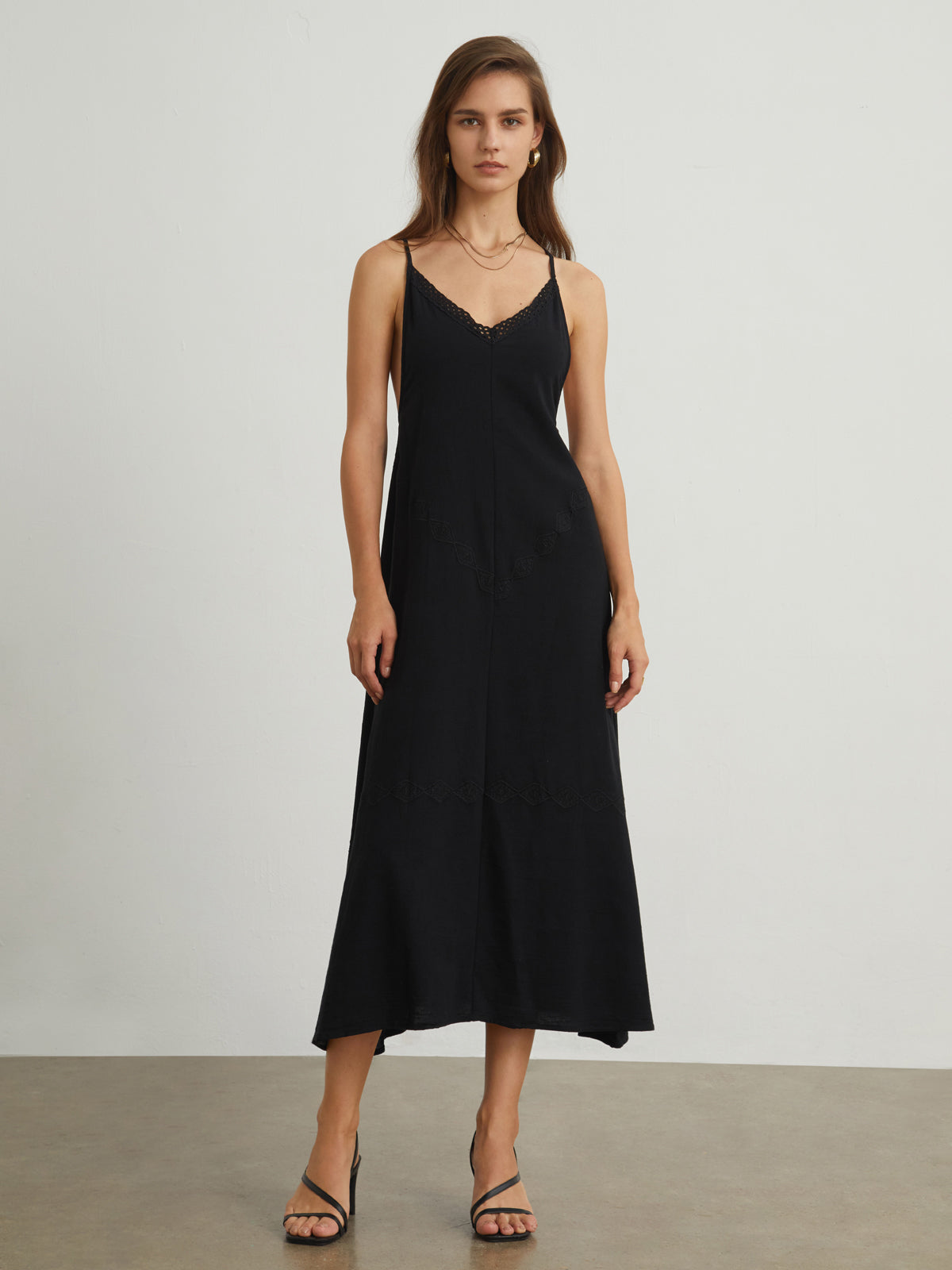 Eyelet Trim Open Back Midi Dress