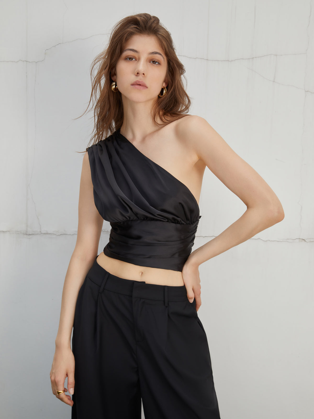 One Strap Ruched Satin Crop Top