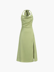 Halter Tied Zippered Satin Midi Dress