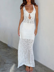 Eyelet Crochet Open Back Long Dress