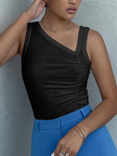 Oblique V-Neck Ruched Top