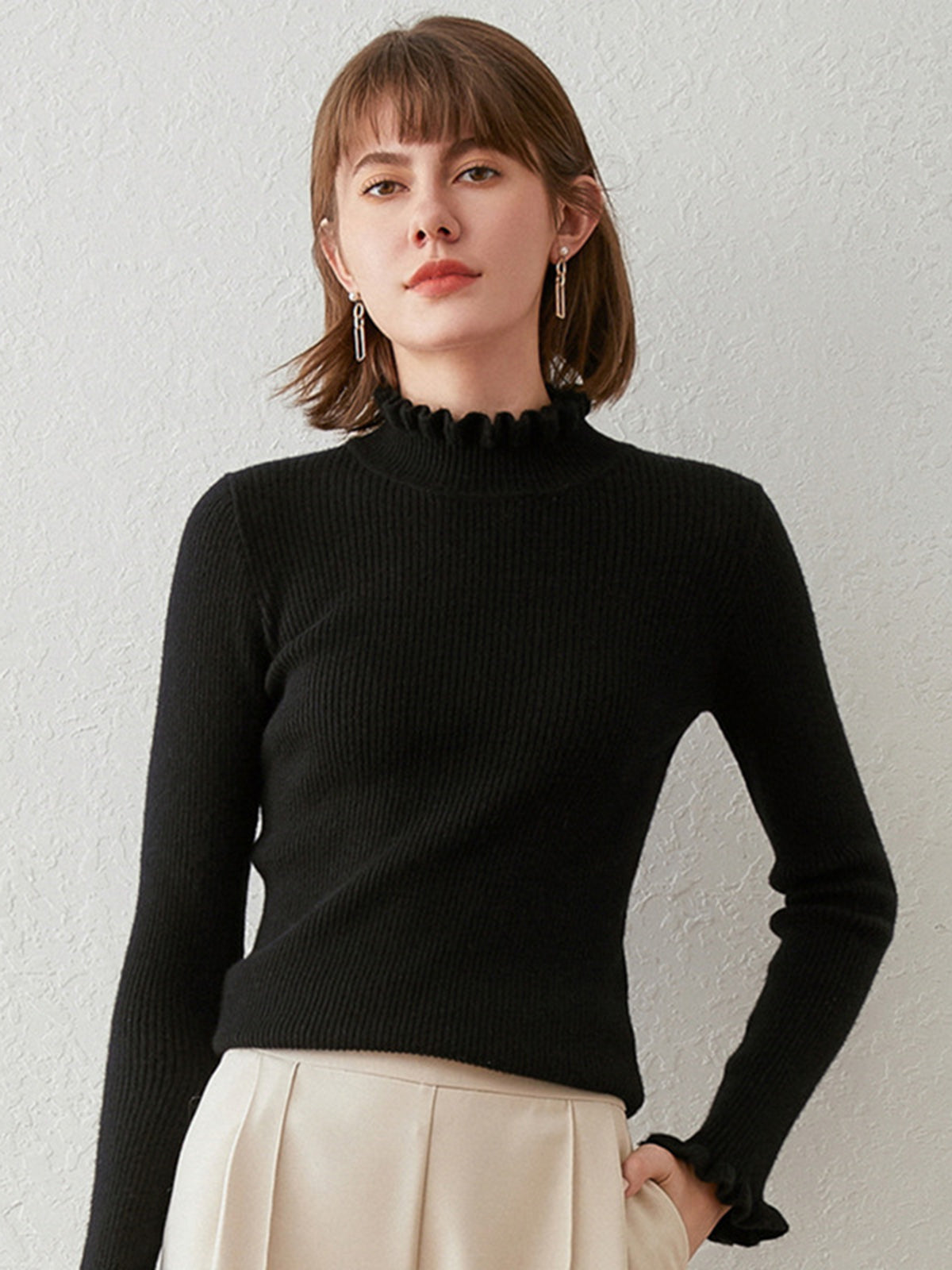 Ribbed Frilly Mock Neck Knit Top