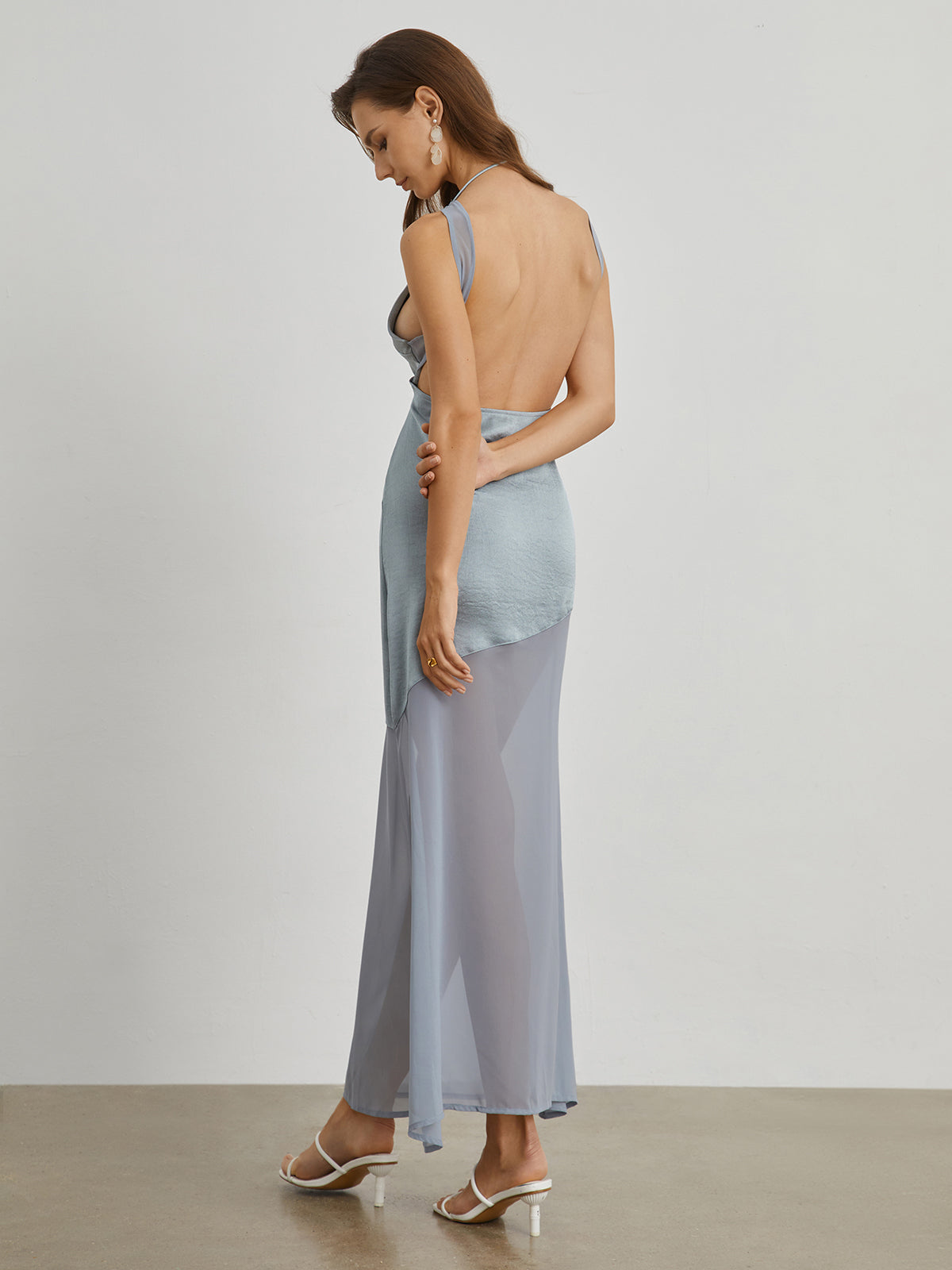 Open Back Satin Mesh Long Dress