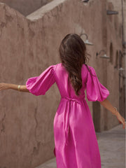 Lantern Sleeve Flare Slit Wrap Dress