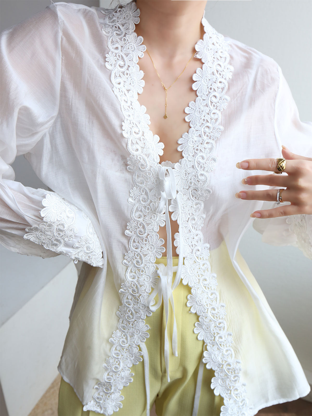 Floral Trim Cover Up Tied Shirt