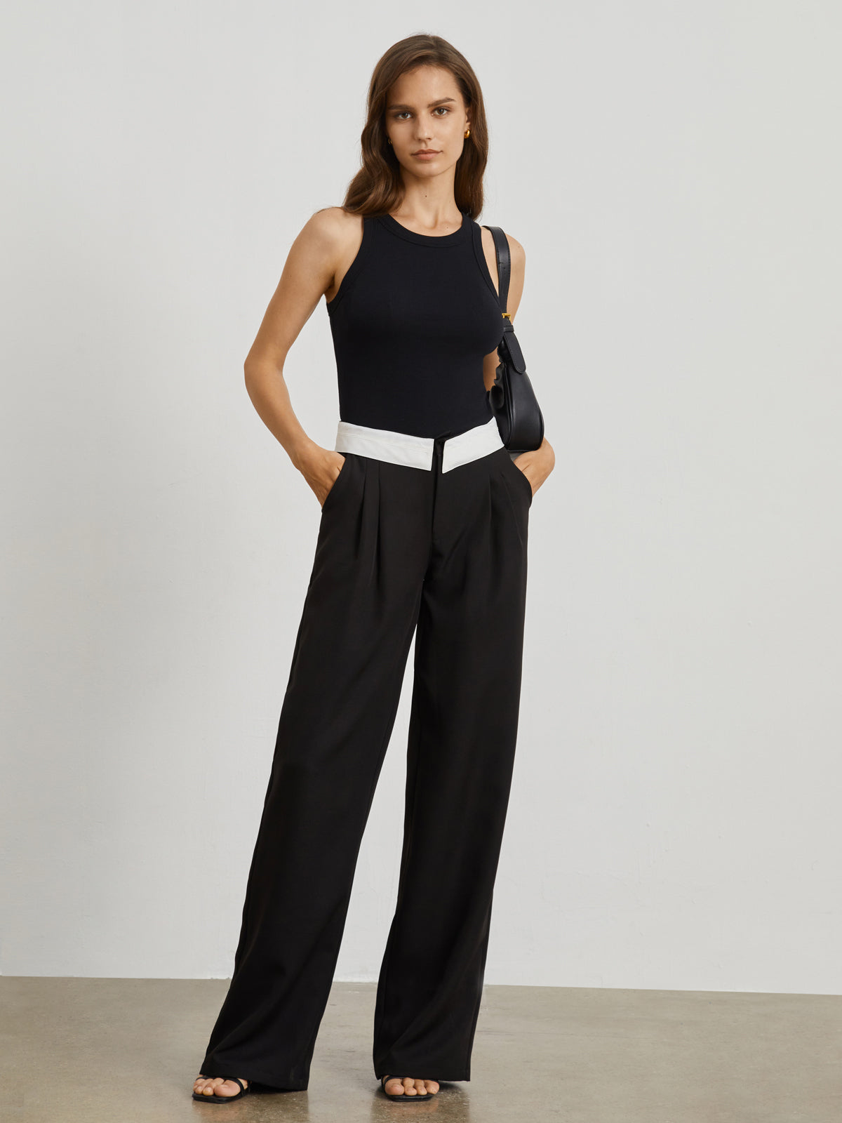 V Shape Contrast Waistband Wide Leg Pants