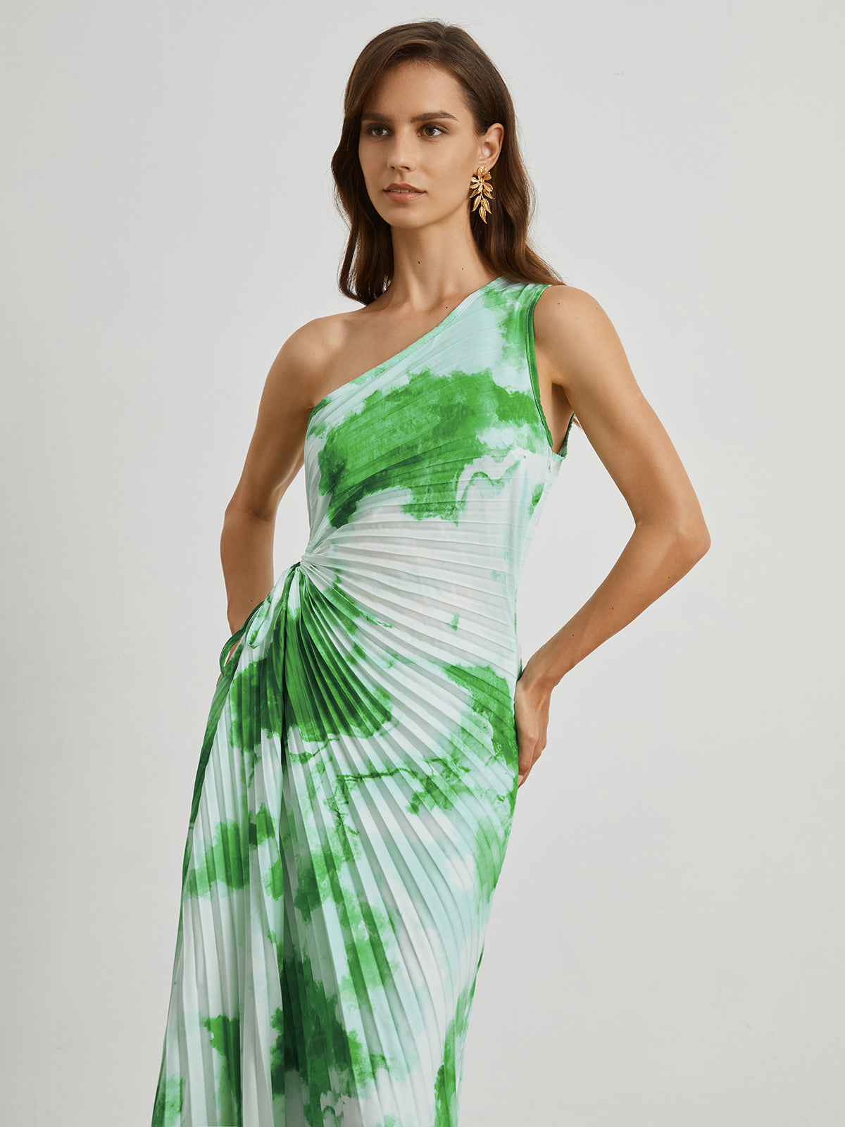 Tie Dye Pleated Cutout Long Dress