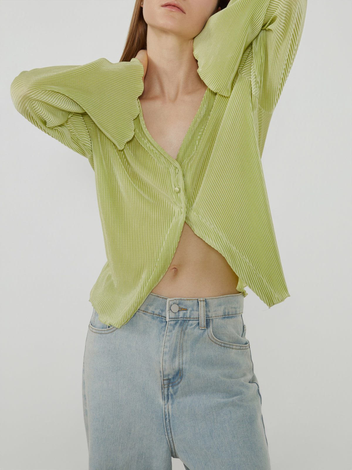 Pleated Flared Long Sleeve Blouse