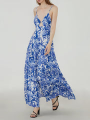 Tropical Leaves Cutout Open Back Long Dress