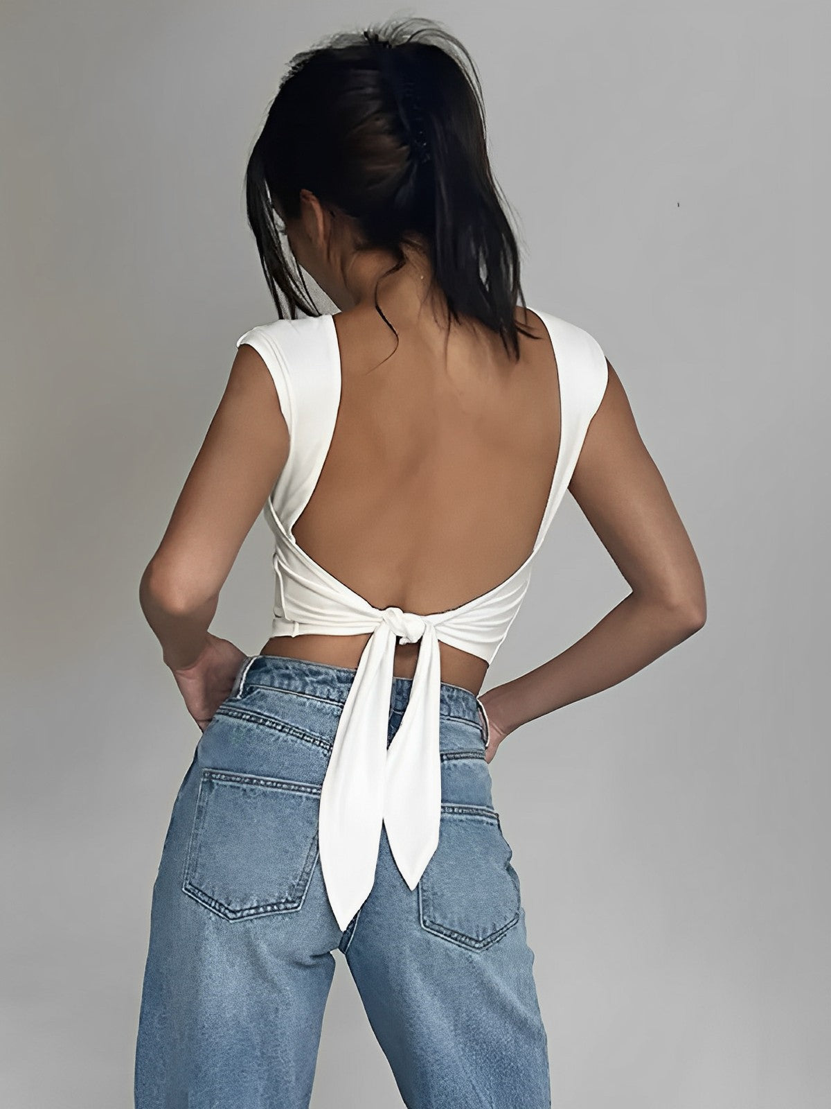 Tied Open Back Cap Sleeve Crop Top