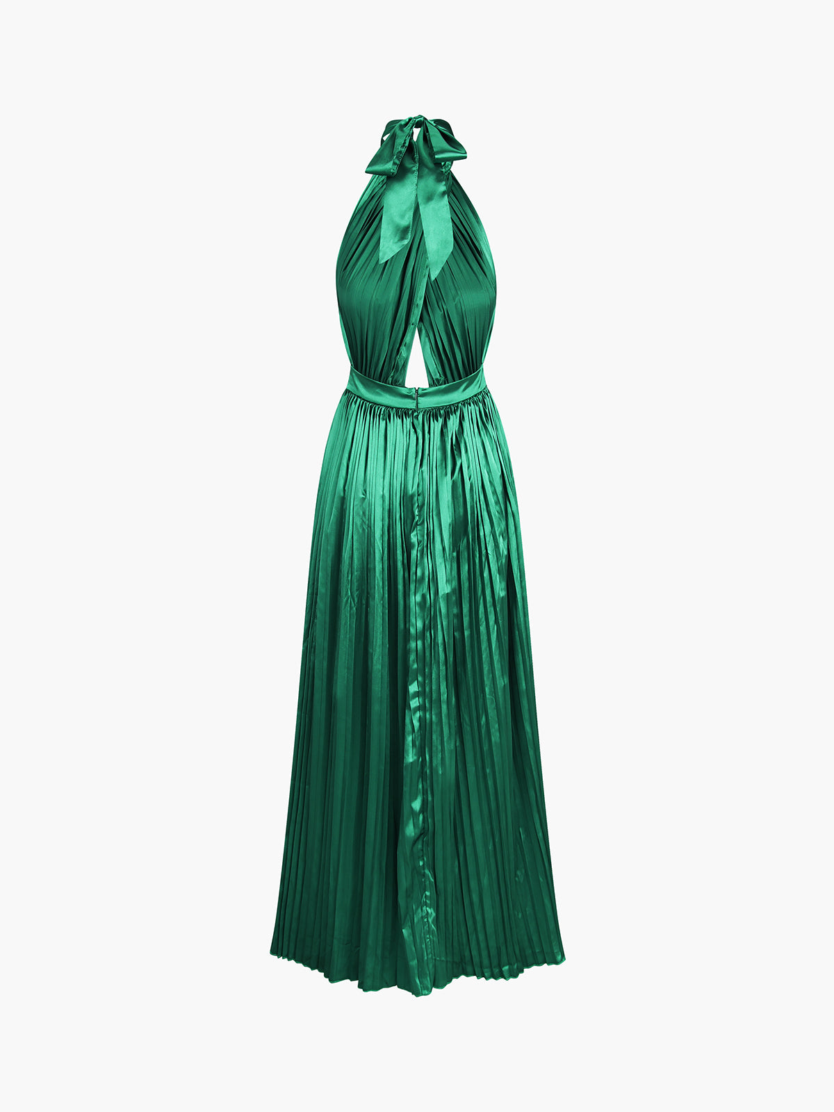 Halter Tied Open Back Satin Pleat Long Dress