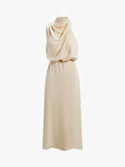 Cowl Neck Ruched Satin Long Dress