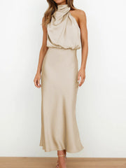 Cowl Neck Ruched Satin Long Dress