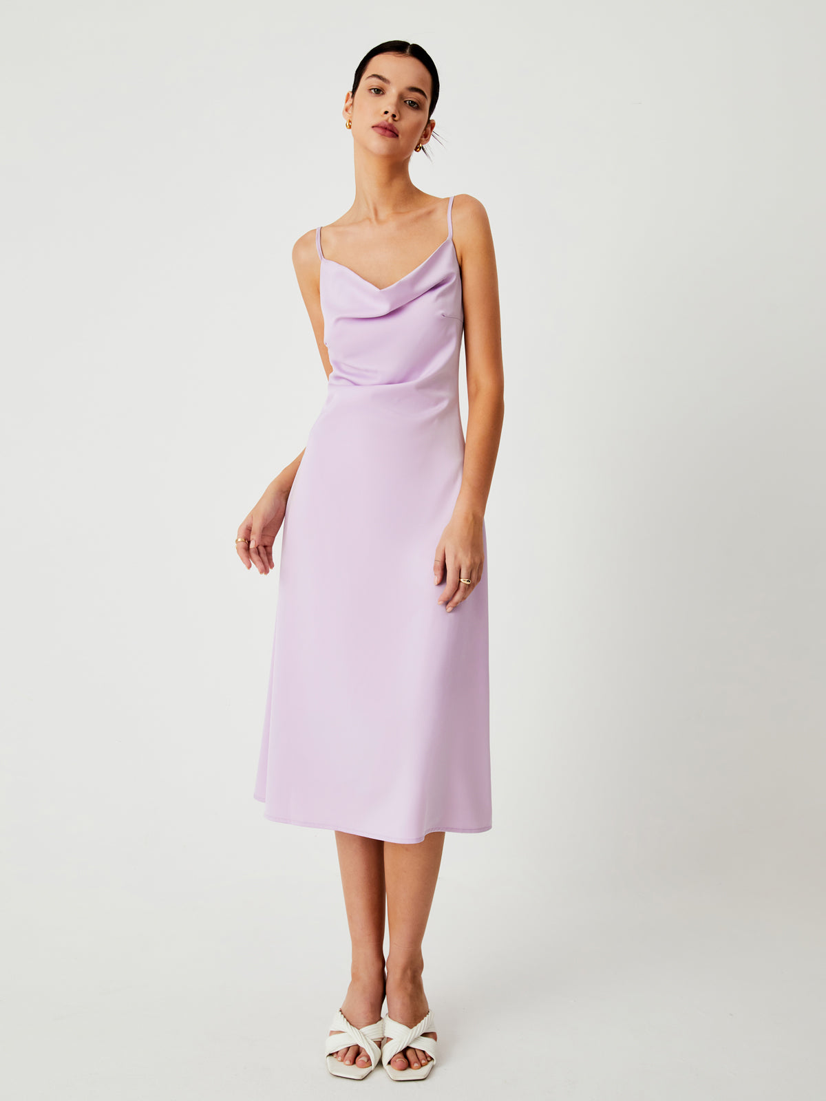 Lilac Cowl Neck Satin Midi Dress