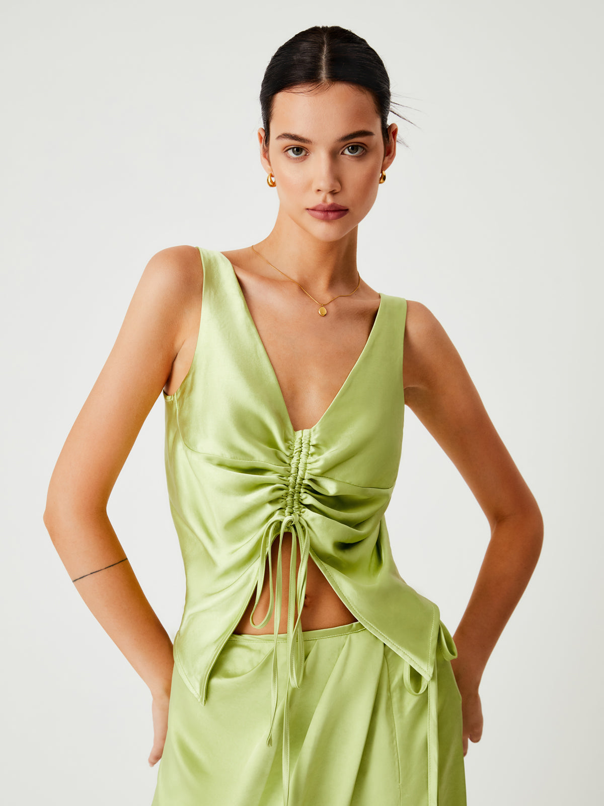 Greeness Drawstring Satin Crop Top