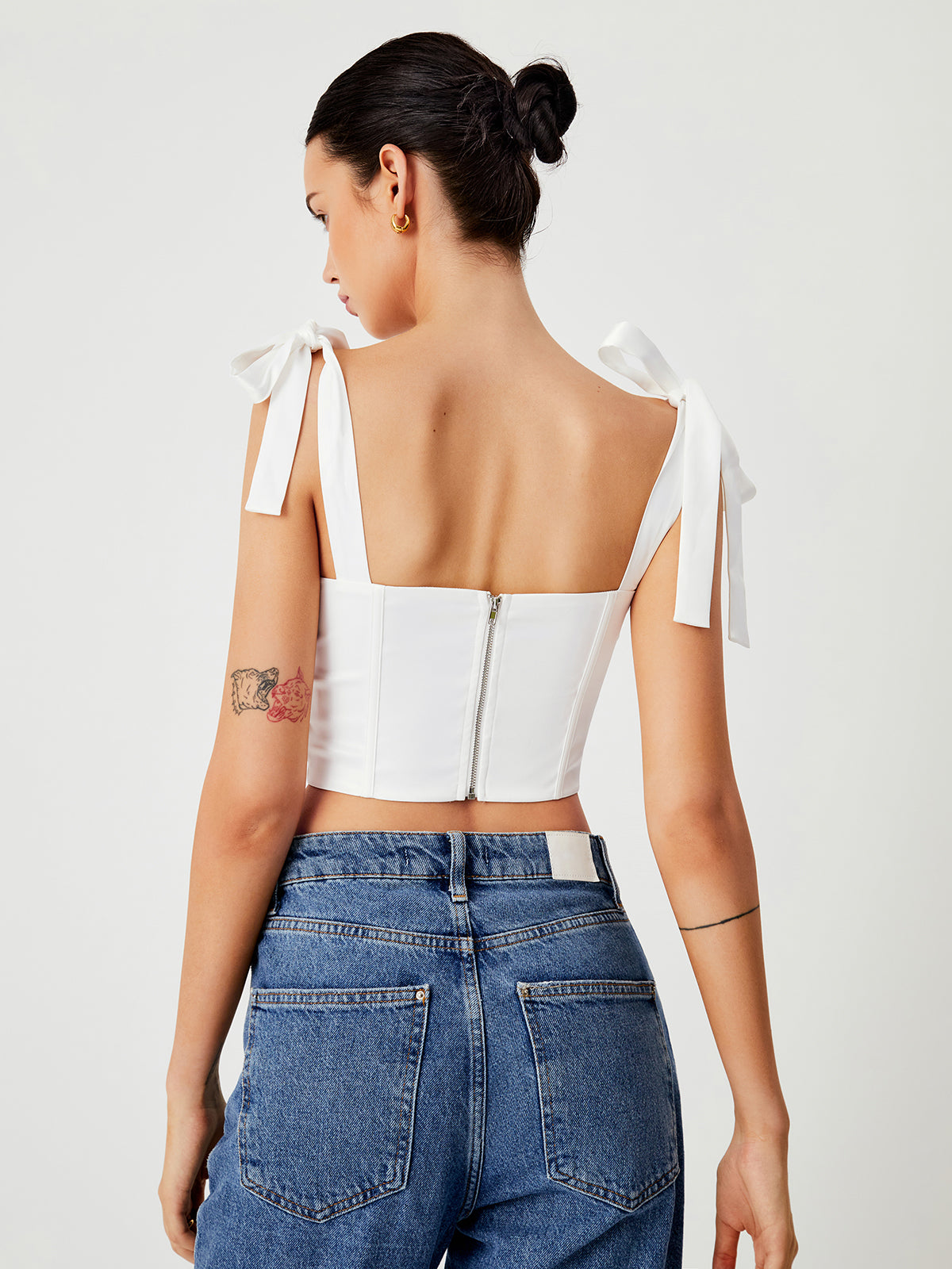 Snow White Tie Shoulder Zippered Crop Corset Top