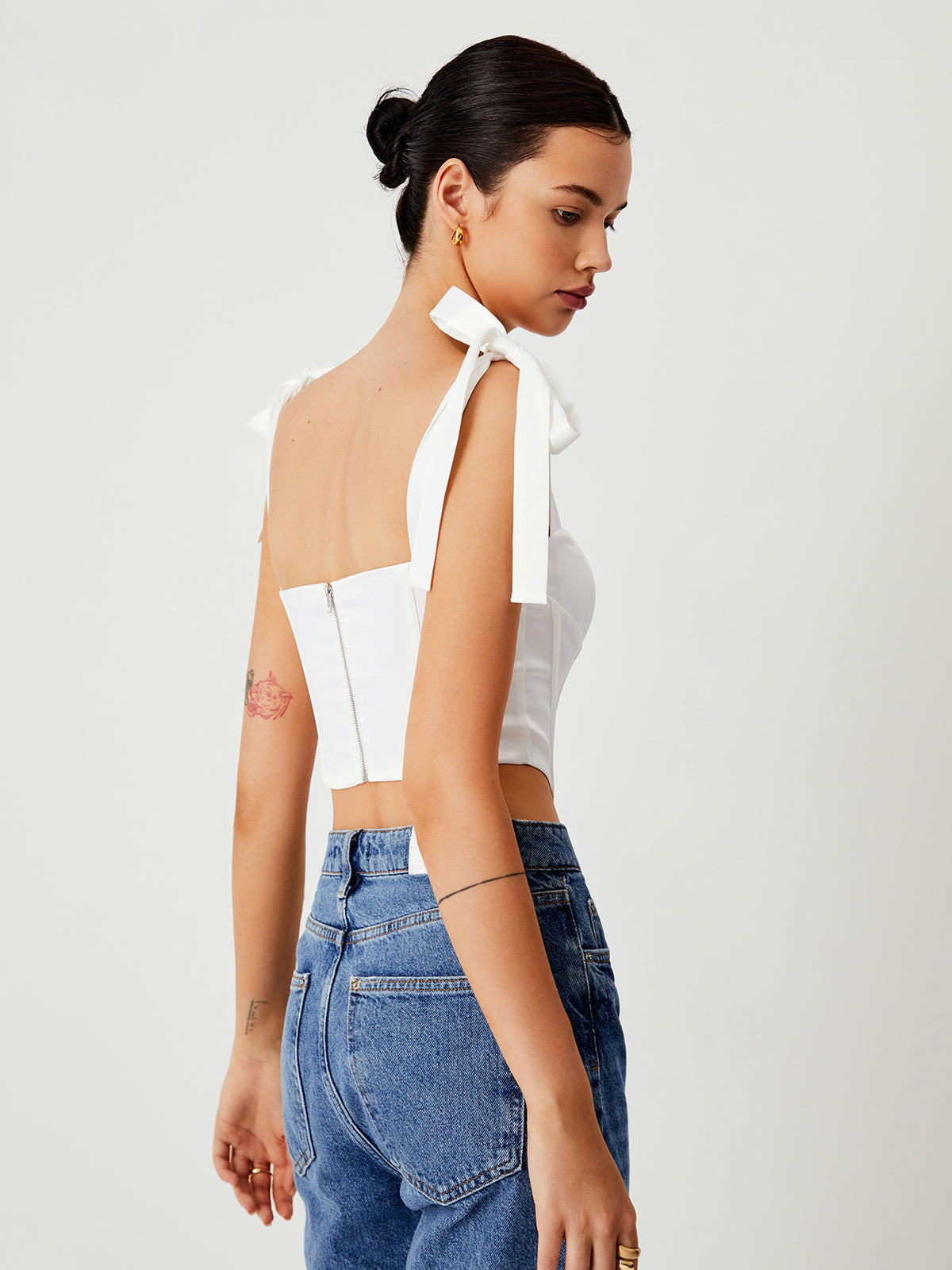 Snow White Tie Shoulder Zippered Crop Corset Top