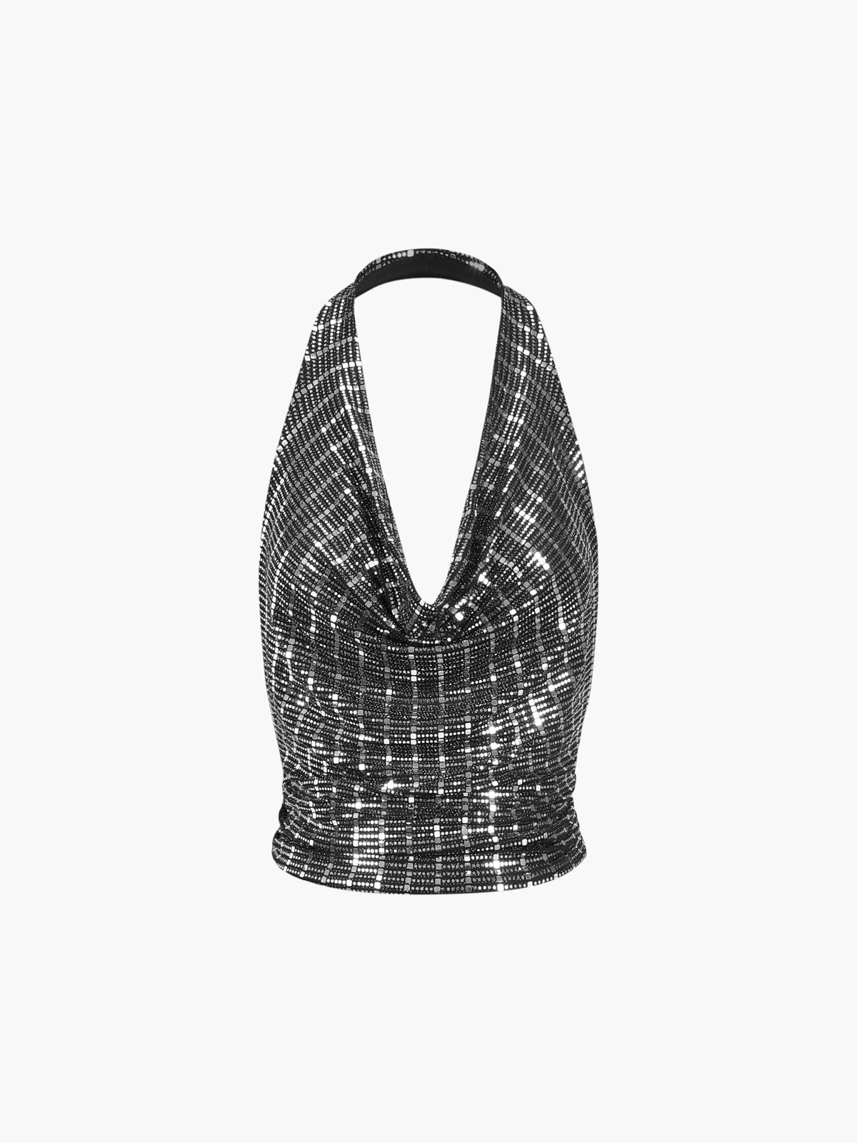 Sequined Halter Neck Cowl Neck Open Back