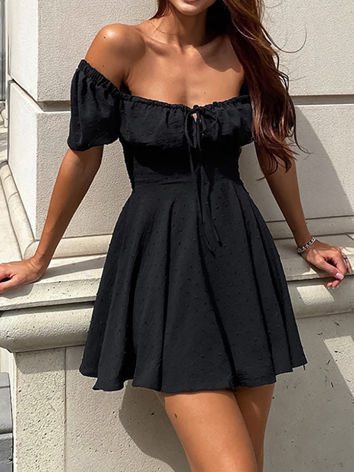 Off Shoulder Puff Sleeve Zippered Short Dress