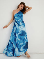 Aqua Tie Dye Pleat Cutout Long Dress