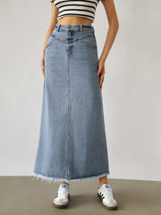 Denim Raw Hem Maxi Skirt