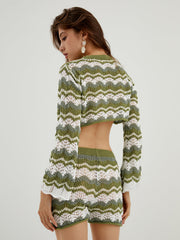 Wave Print Crochet Eyelet Two Piece Shorts Set