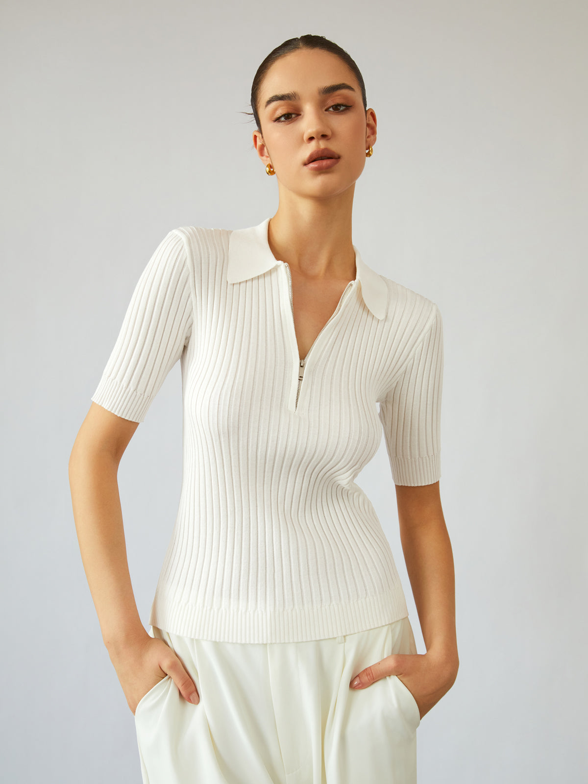 Zippered Polo Rib Knit Top