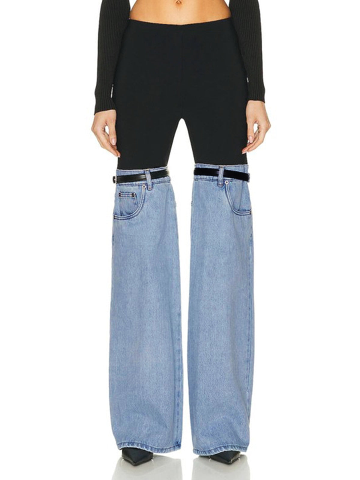 Belted Patchwork Denim Wide Leg Jeans